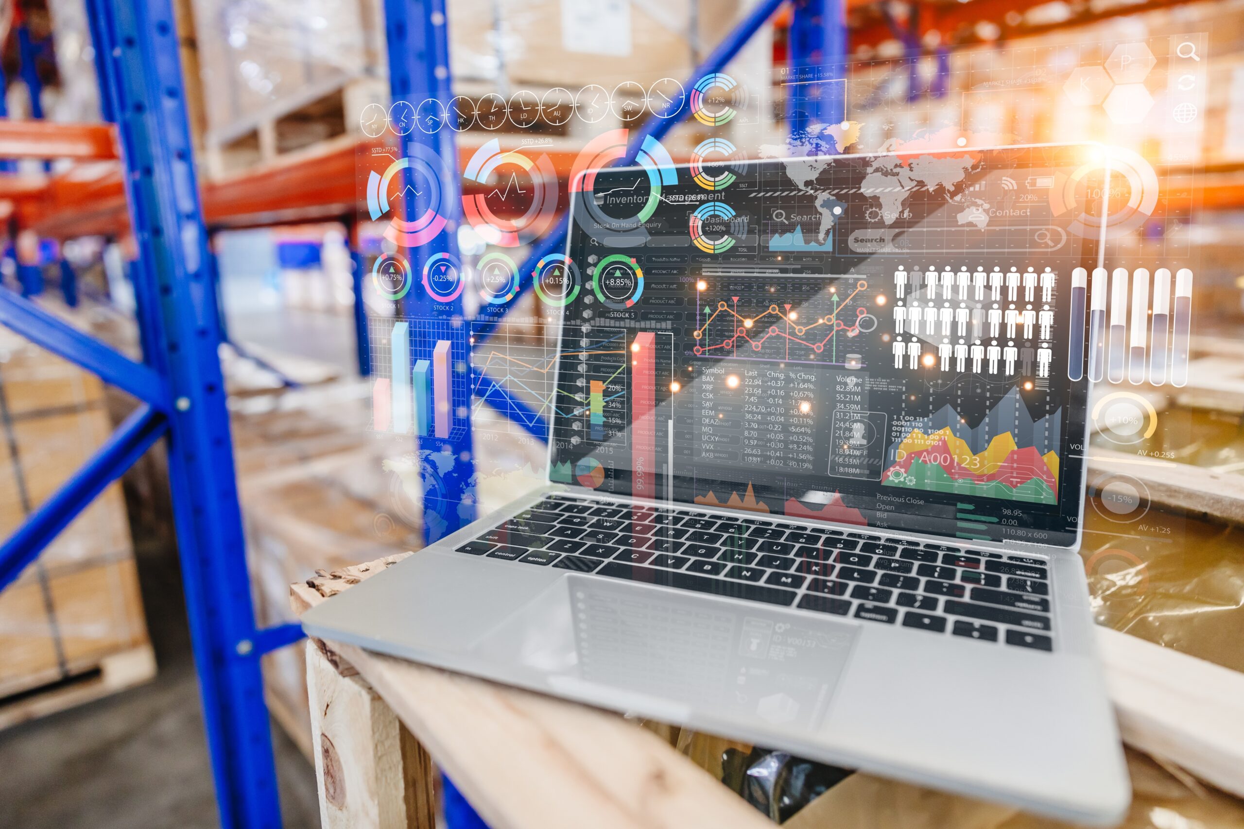 Illustrative photo of a laptop in use in a goods warehouse