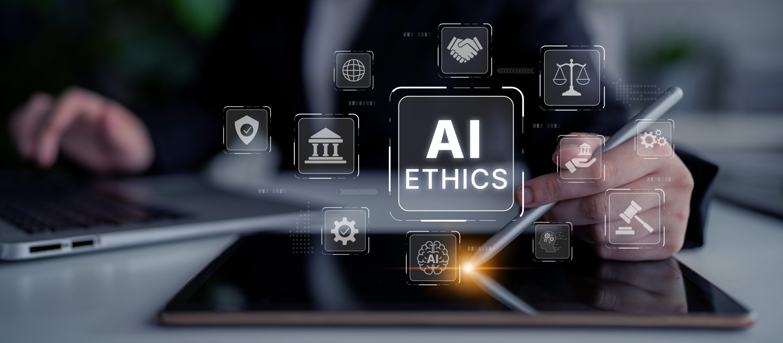 Photo of a tablet computer with icons relating to the ethics of artificial intelligence superimposed on it 